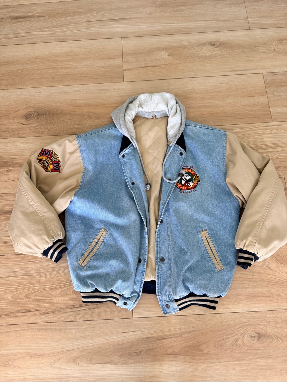 Disney Two-Tone Denim and Beige Varsity Bomber Jacket with Patches